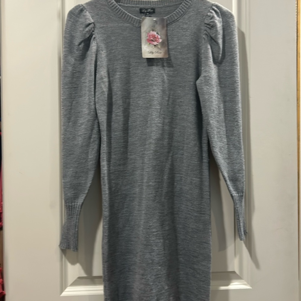 NWT Lily Rose Knit puffy long sleeve rib trim  sweater dress BodyCon fitted XS